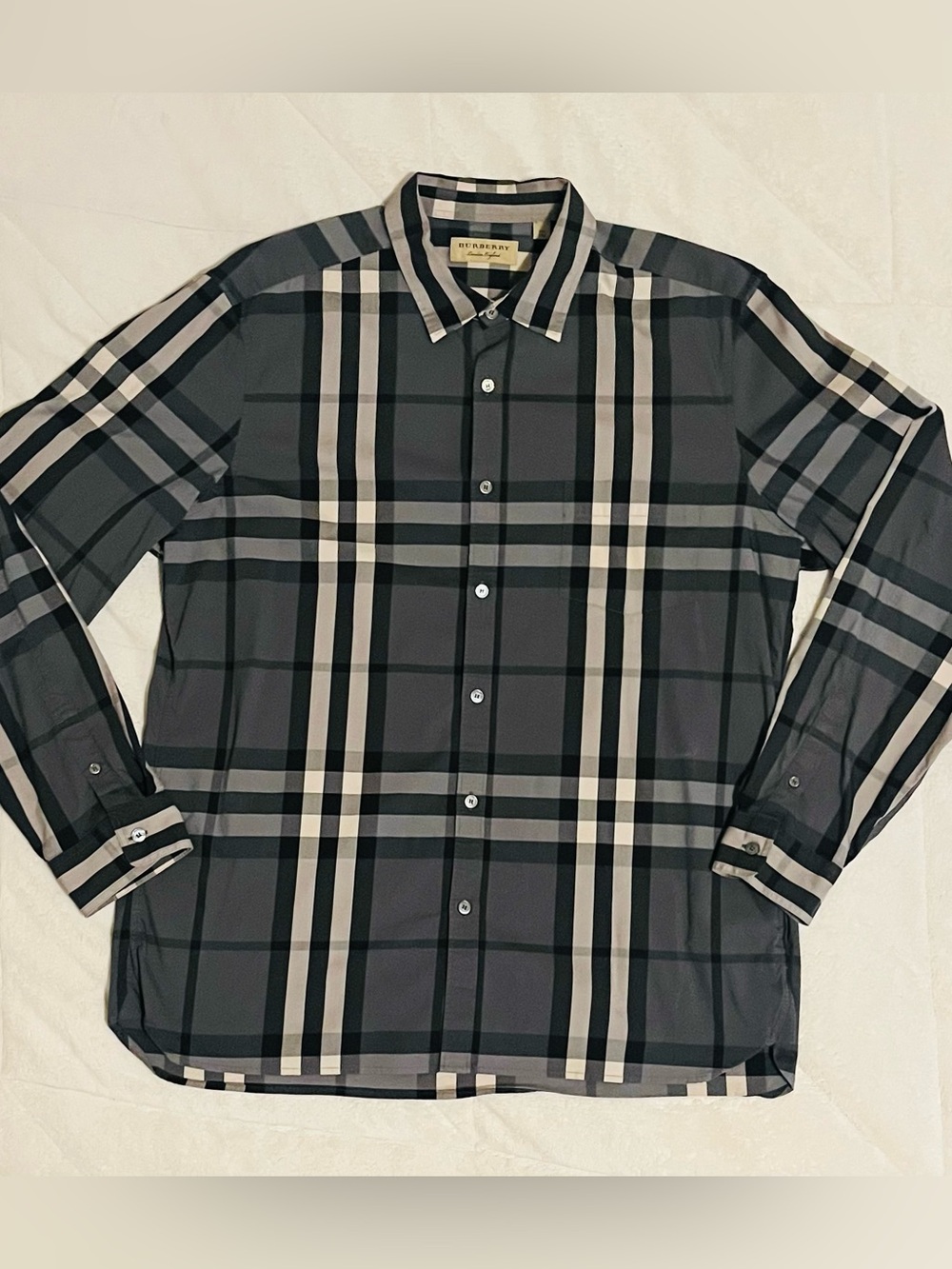 Burberry London England Grey Nova Check Plaid Button Shirt Large